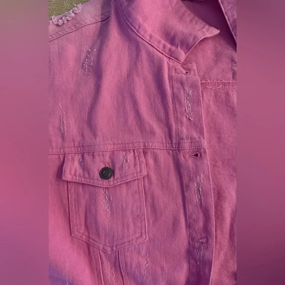 Womens Pink Denim Jacket Distressed Cropped Button Front Size L - Picture 5 of 9